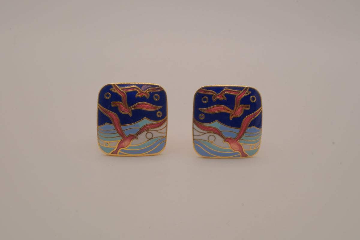 Vintage cloisonné enamel Seagull clip-on earrings