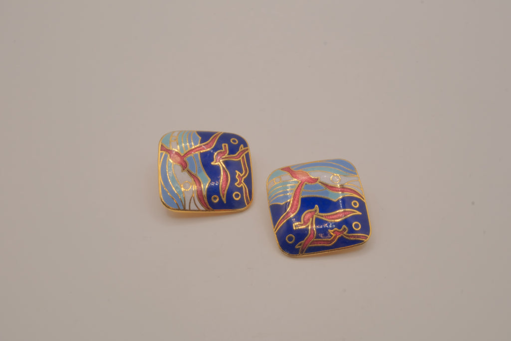 Vintage cloisonné enamel Seagull clip-on earrings
