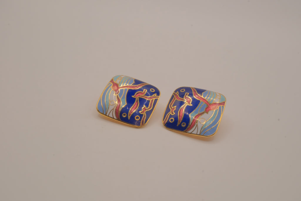 Vintage cloisonné enamel Seagull clip-on earrings