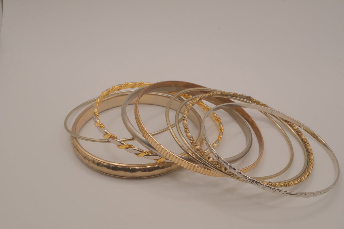 Mixed-metal 9 set stacked bangle bracelets