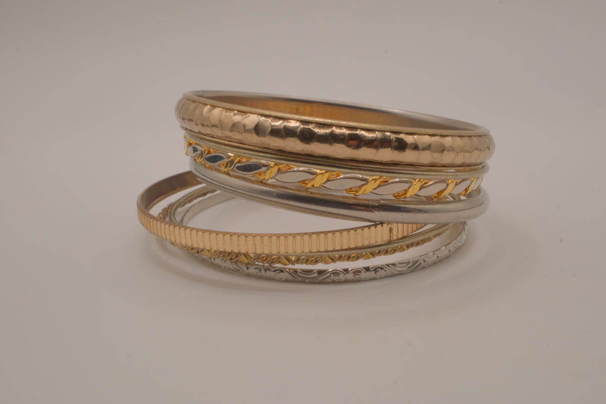 Mixed-metal 9 set stacked bangle bracelets