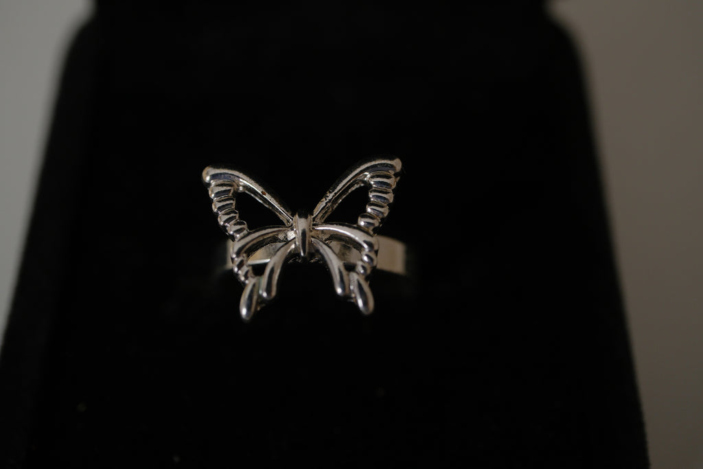 Silver tone delicate butterfly ring
