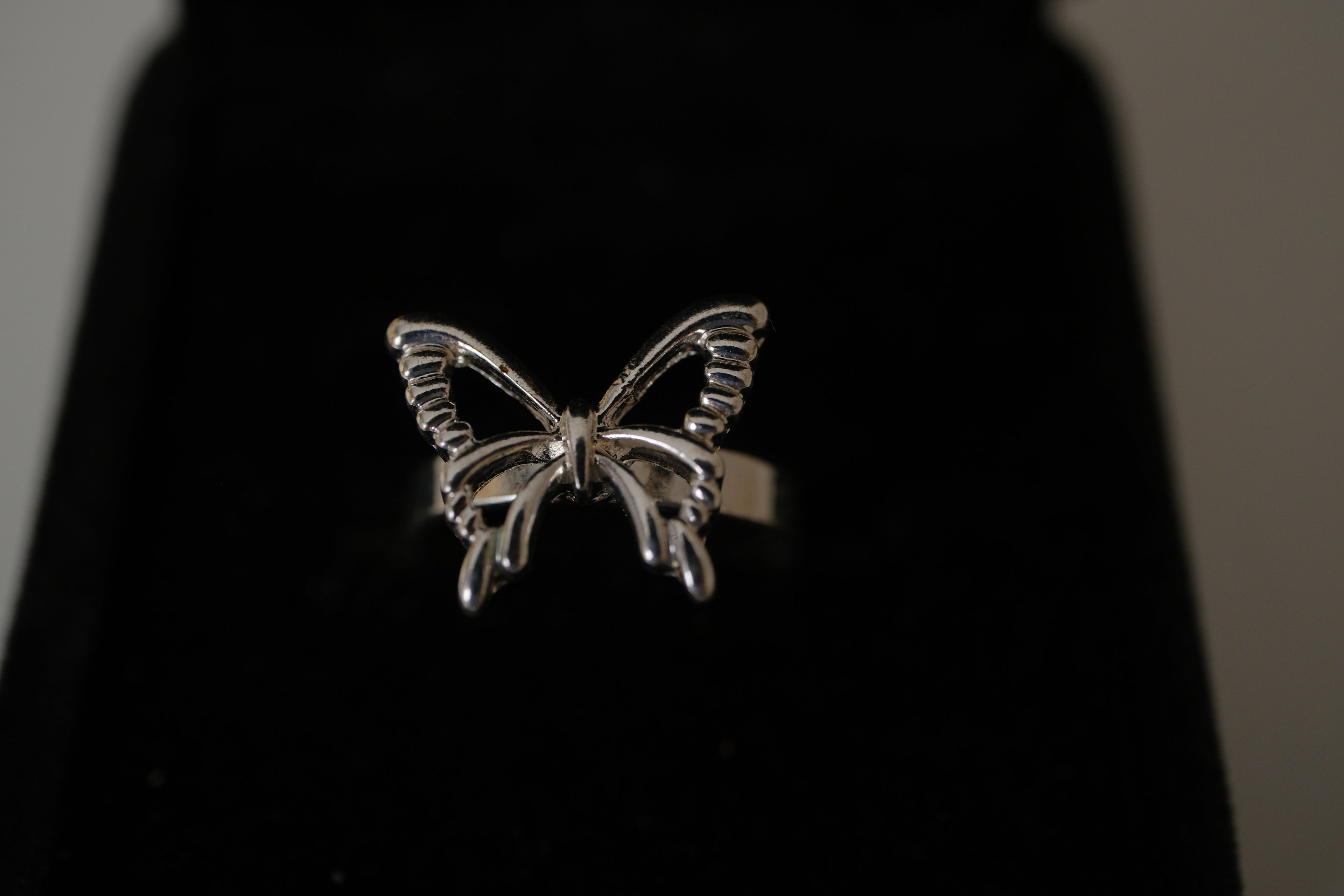Silver tone delicate butterfly ring