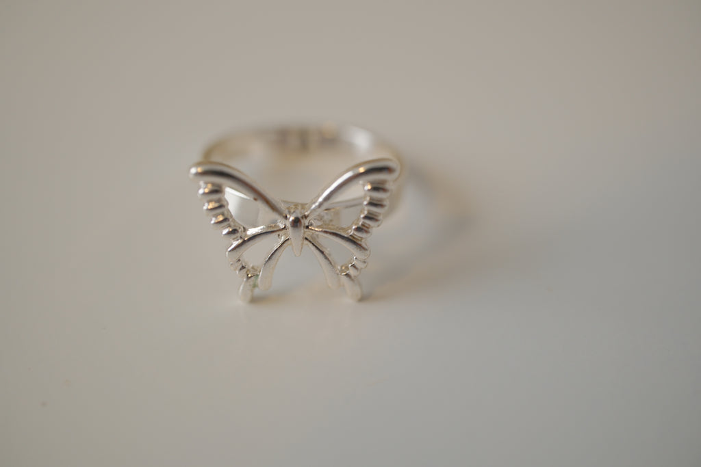 Silver tone delicate butterfly ring