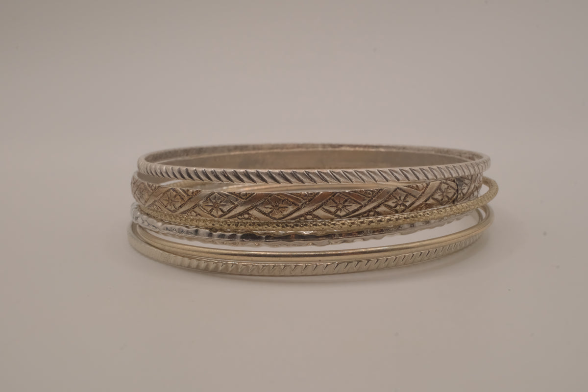 Set of 6 mixed textures layered silver bangle bracelets