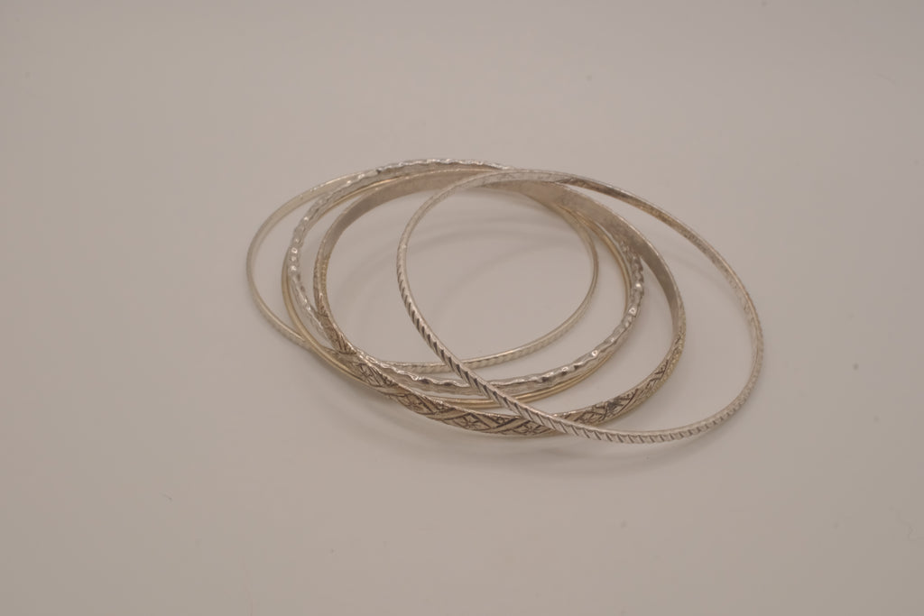 Set of 6 mixed textures layered silver bangle bracelets