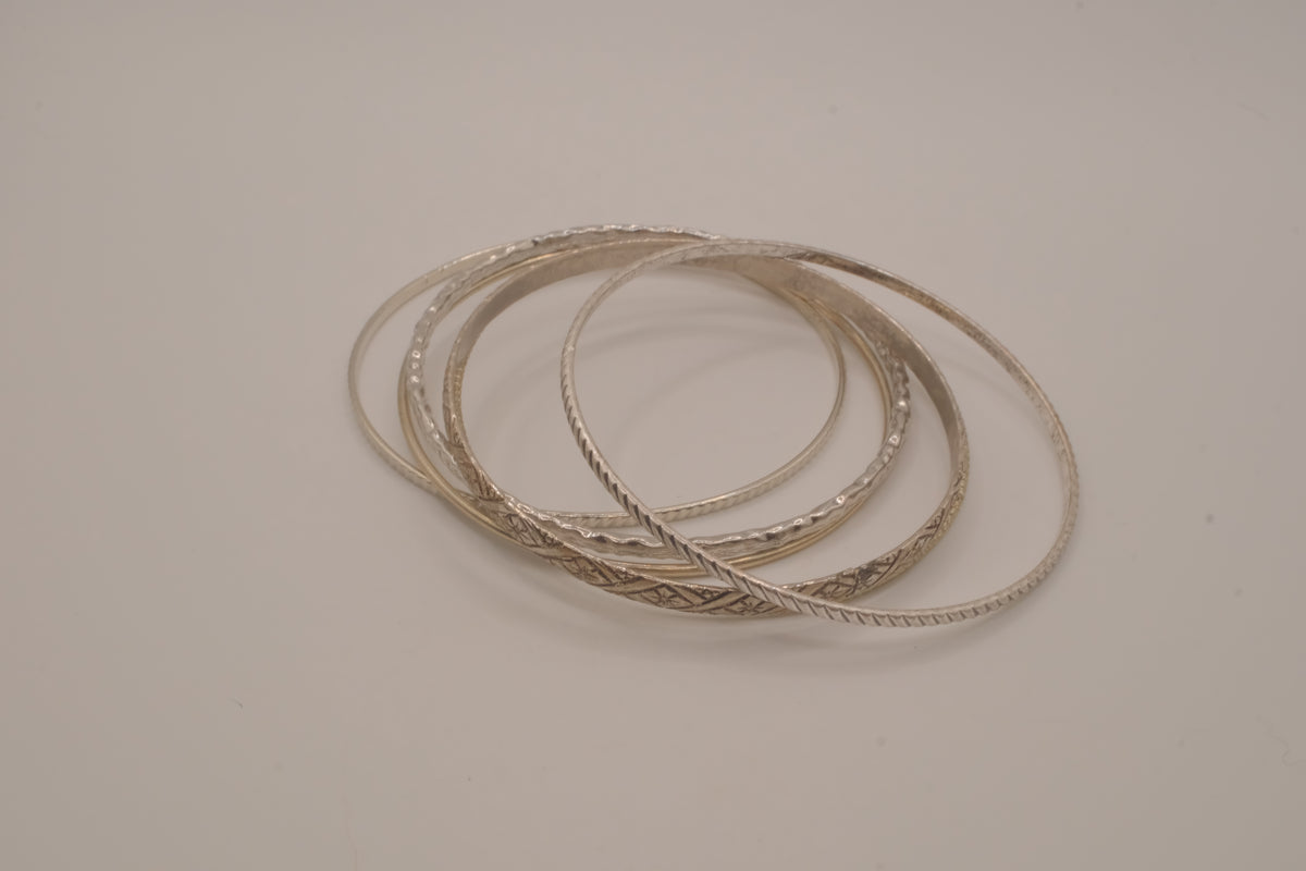Set of 6 mixed textures layered silver bangle bracelets