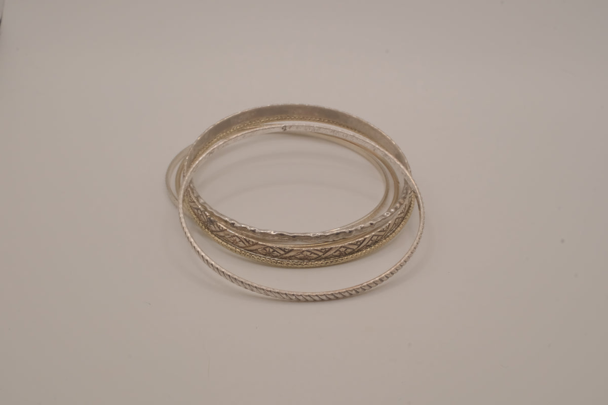 Set of 6 mixed textures layered silver bangle bracelets