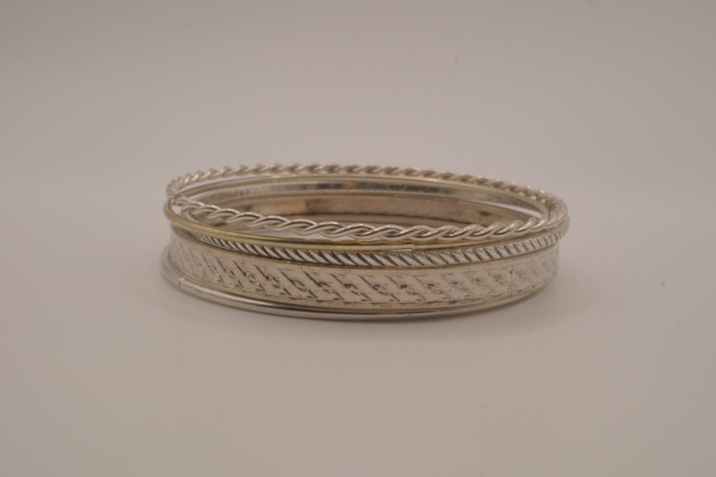 Set of 5 stacked mixed-textures silver &nbsp;tone bangle bracelets
