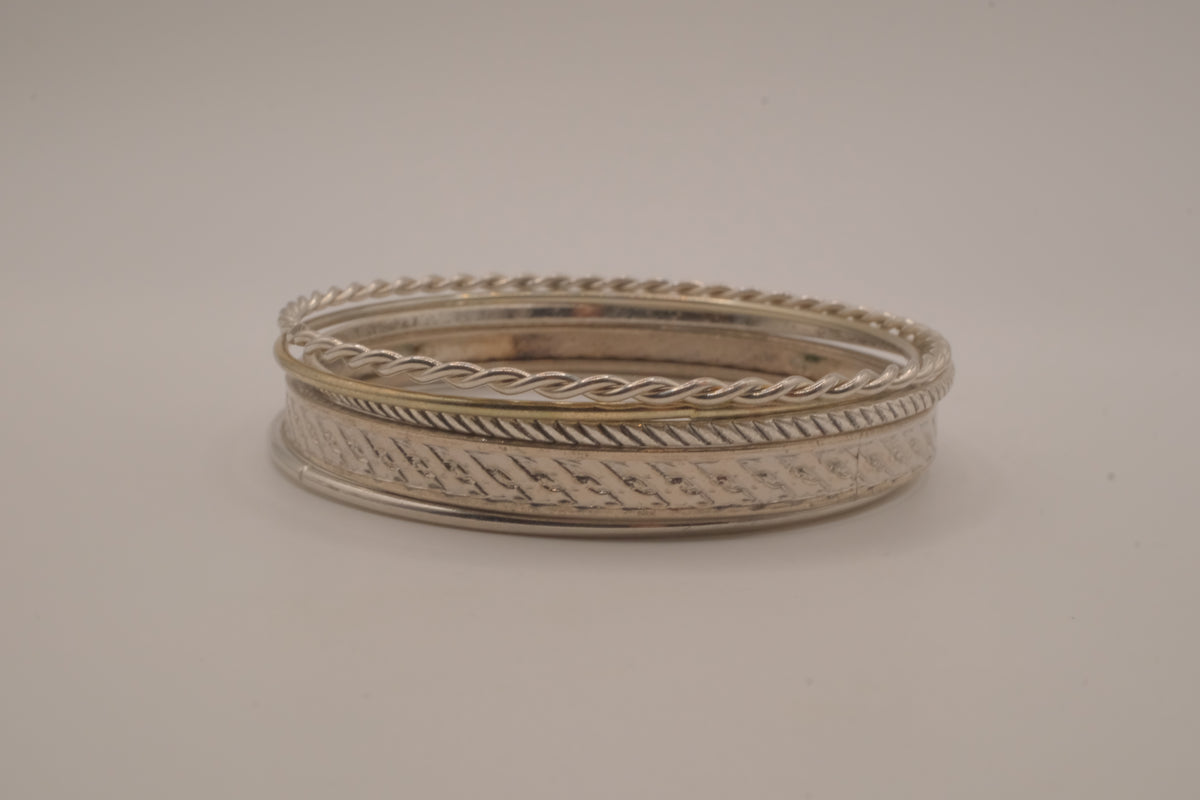 Set of 5 stacked mixed-textures silver &nbsp;tone bangle bracelets
