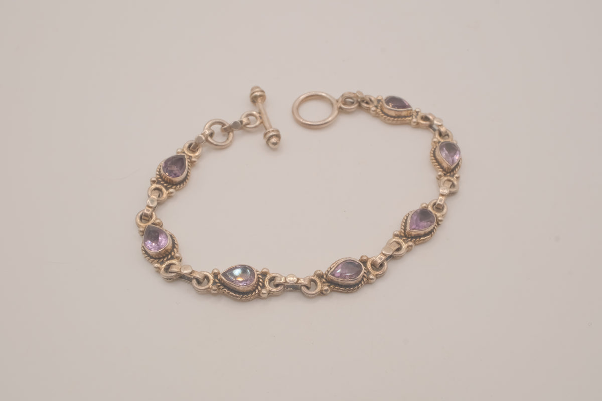 Vintage Sterling silver bezel-set amethyst link bracelet&nbsp;