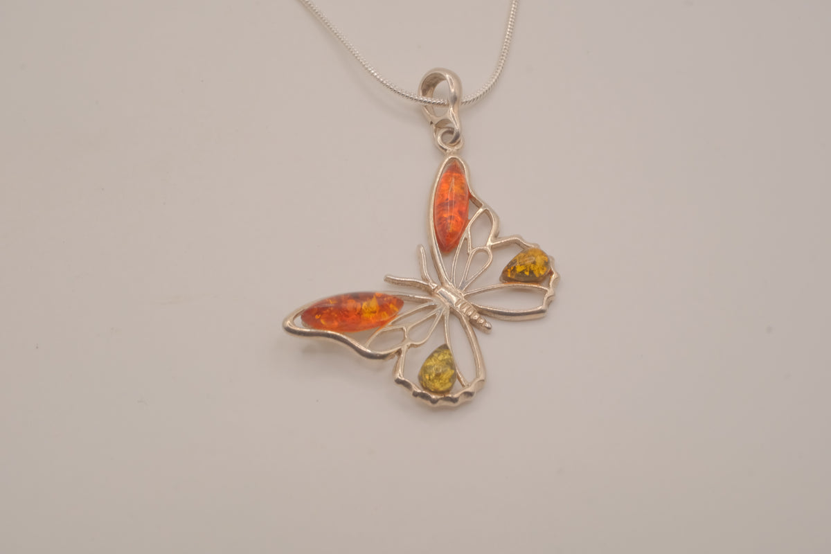 Sterling silver Baltic amber butterfly pendant necklace