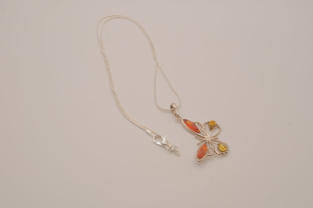 Sterling silver Baltic amber butterfly pendant necklace