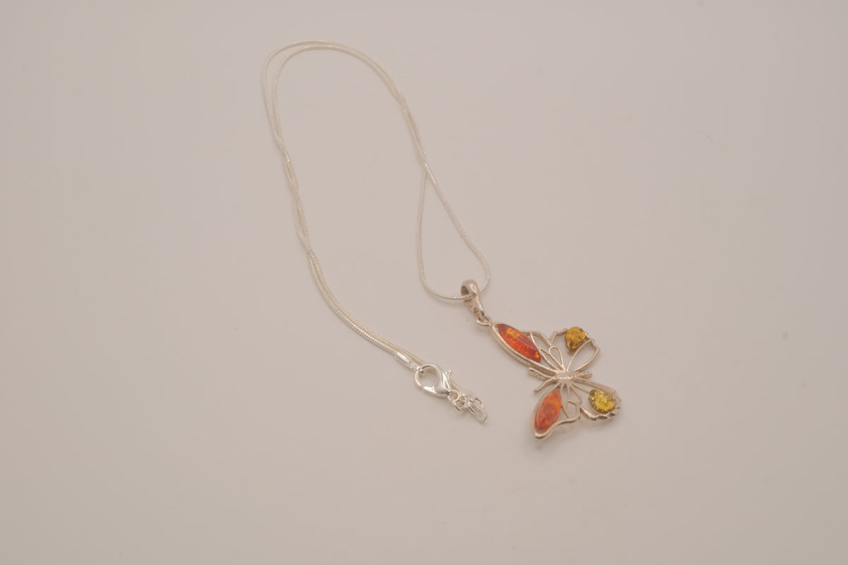 Sterling silver Baltic amber butterfly pendant necklace