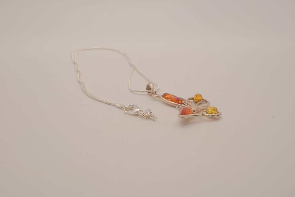 Sterling silver Baltic amber butterfly pendant necklace