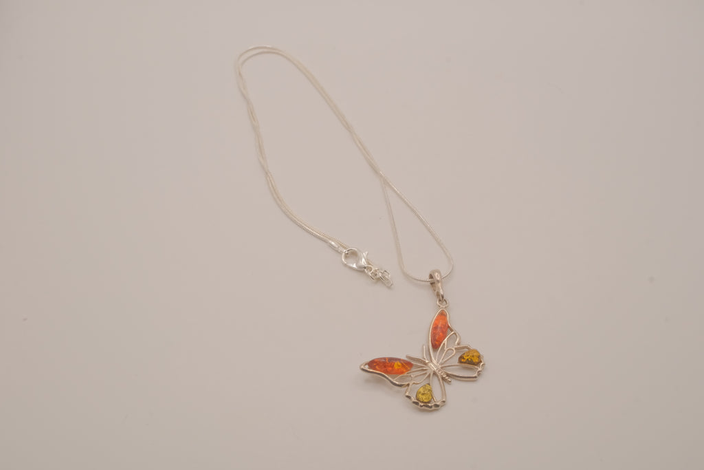 Sterling silver Baltic amber butterfly pendant necklace