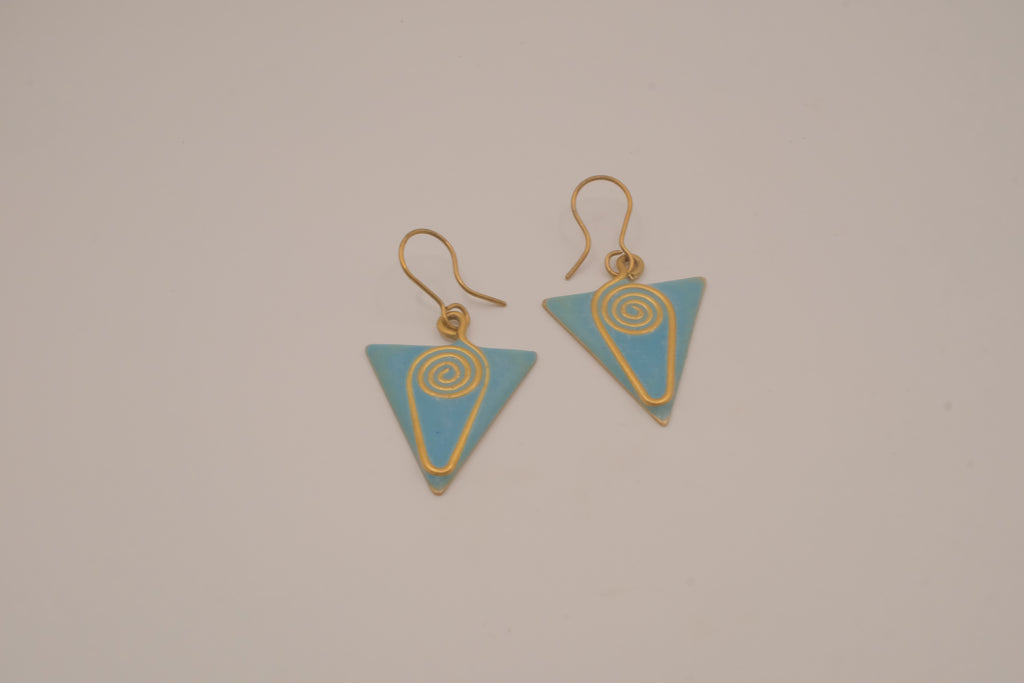 Triangular enamel and wire drop earring