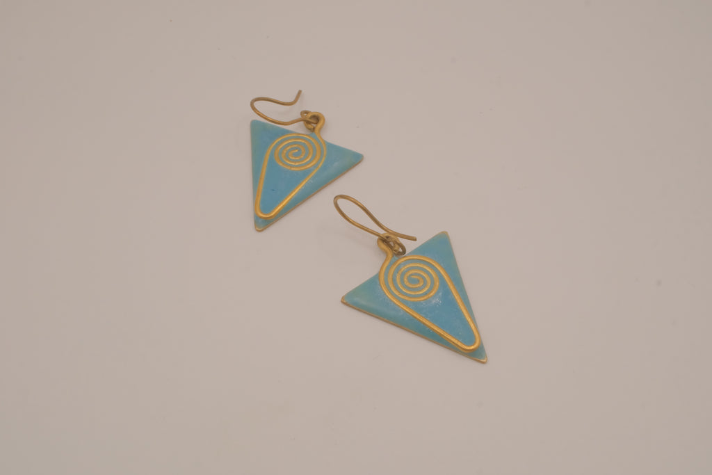 Triangular enamel and wire drop earring