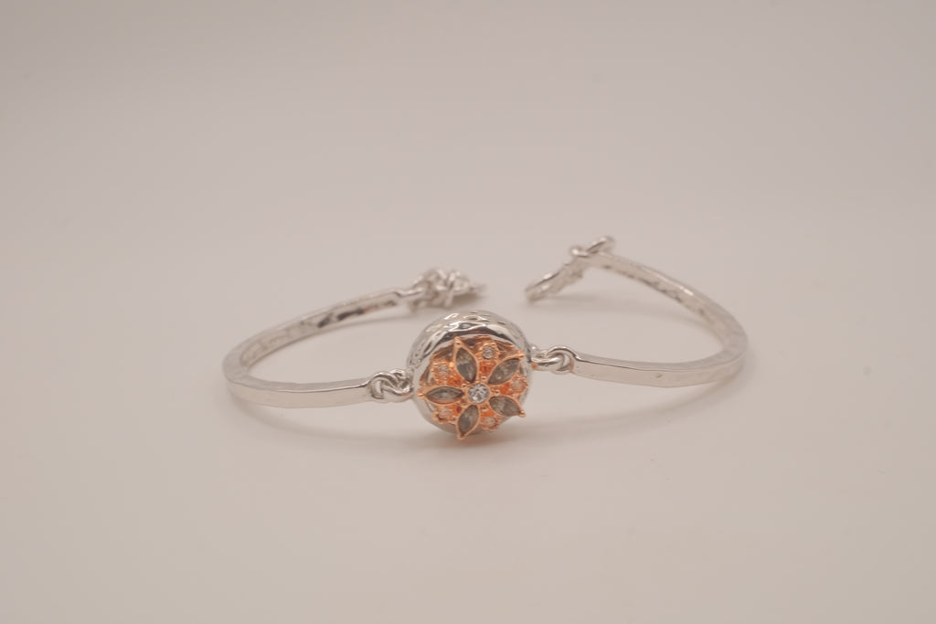 Two-tone snap-button flower cuff bangle
