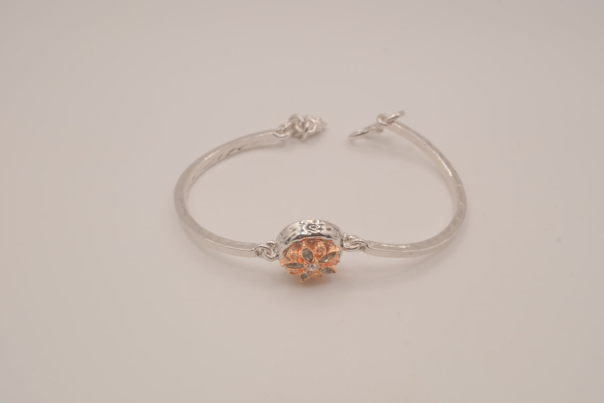 Two-tone snap-button flower cuff bangle