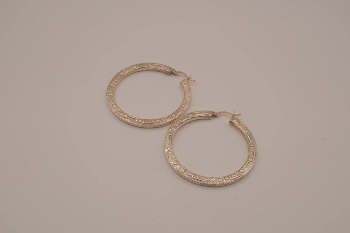 Sterling silver textured, flat-sided hoop earrings
