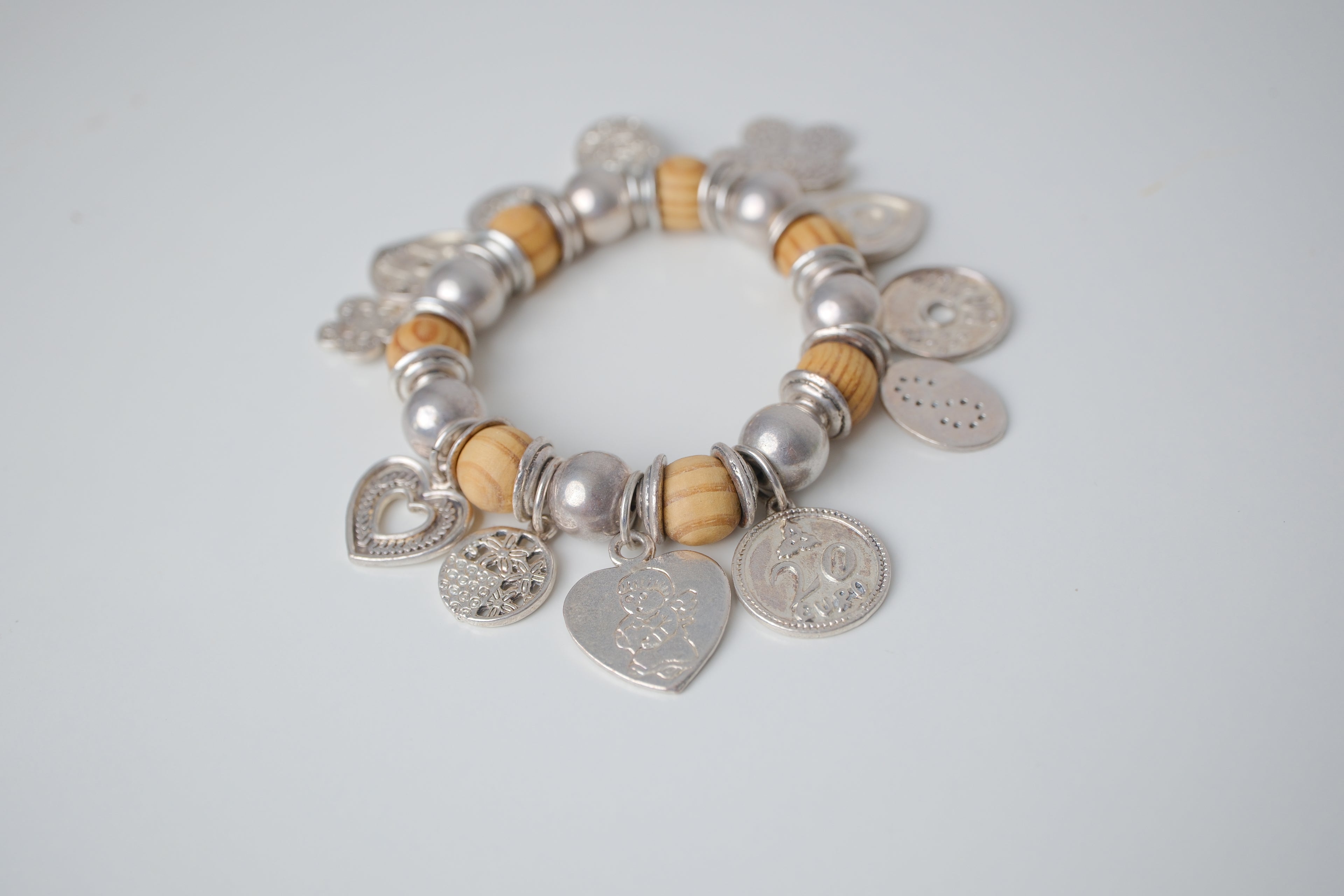 Vintage Wood and Silver tone streach bracelet