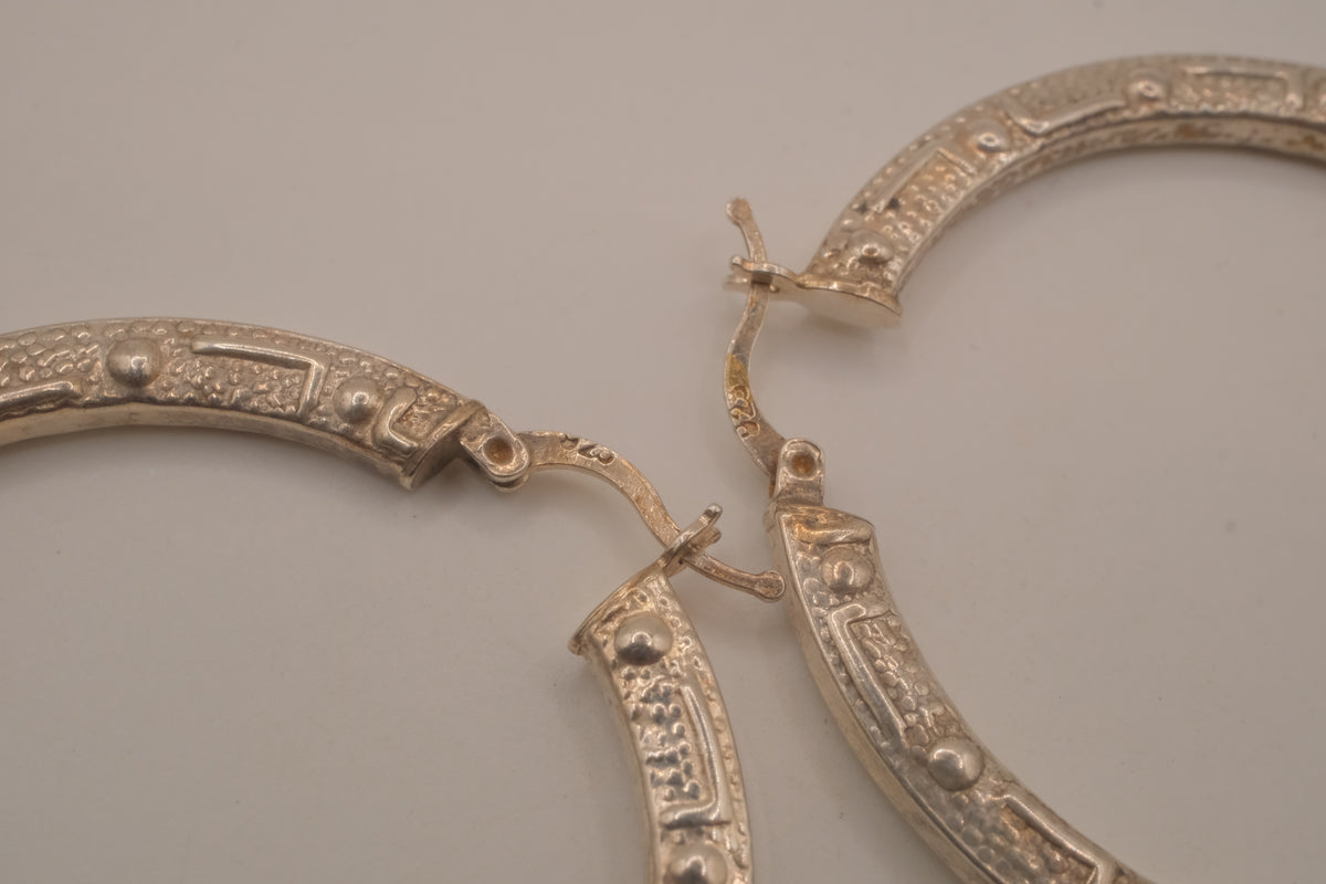 Sterling silver textured, flat-sided hoop earrings