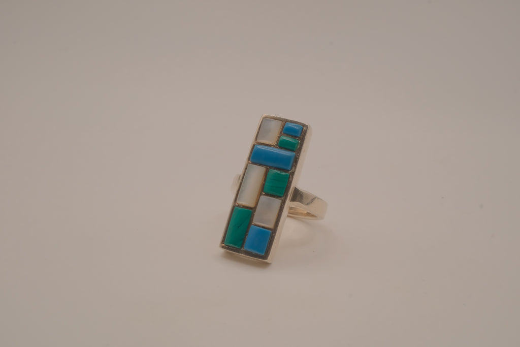 Southwestern-style sterling silver mosaic channel inlay ring