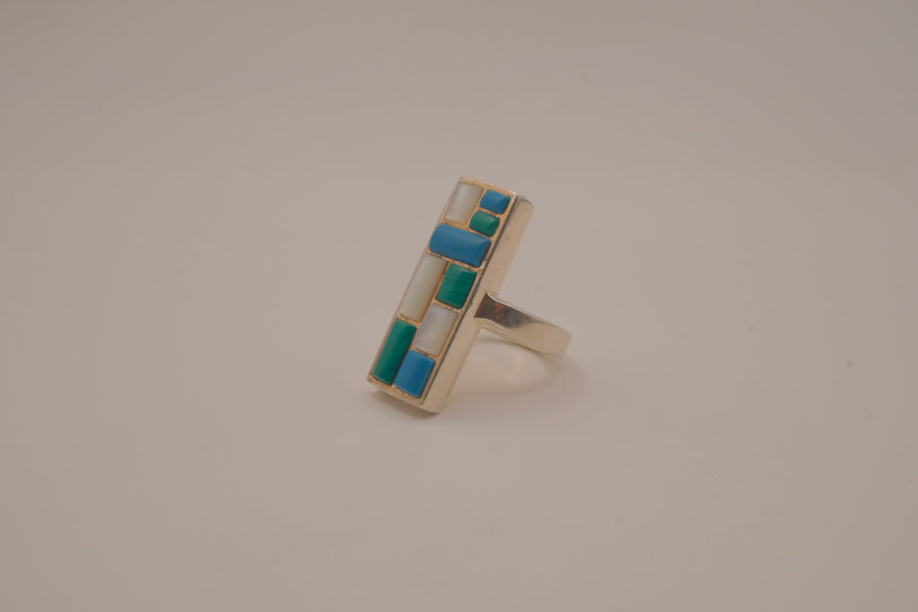 Southwestern-style sterling silver mosaic channel inlay ring