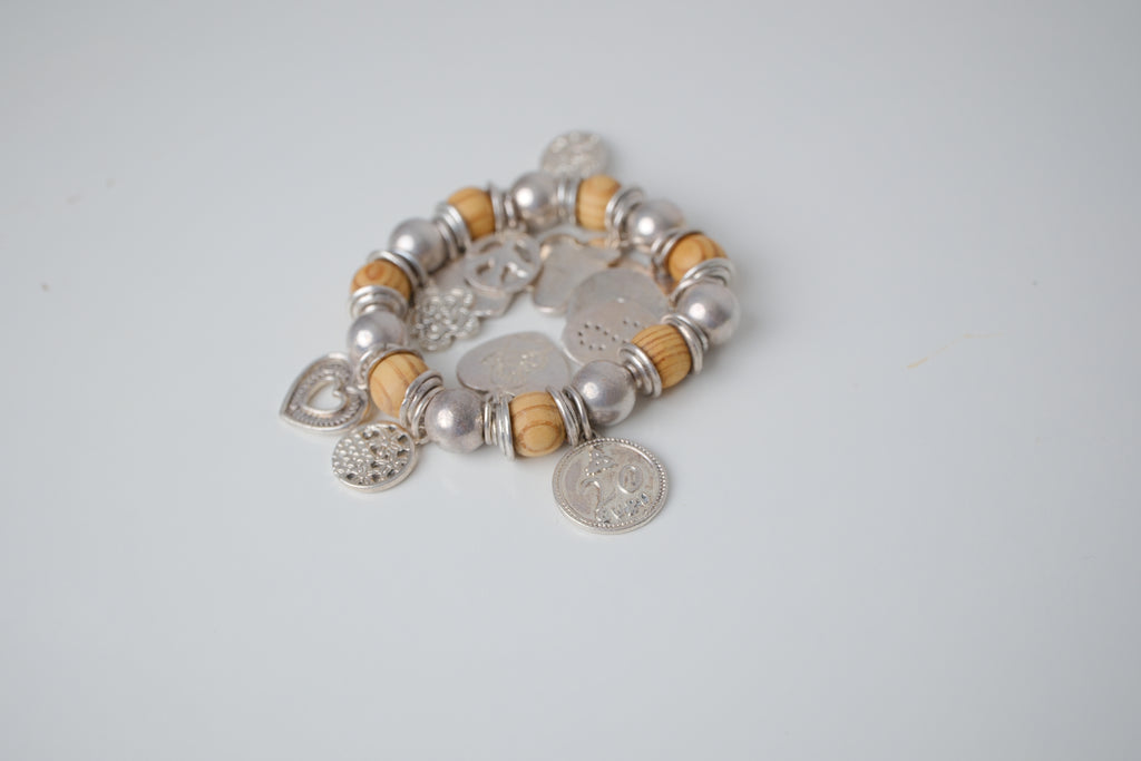 Vintage Wood and Silver tone streach bracelet