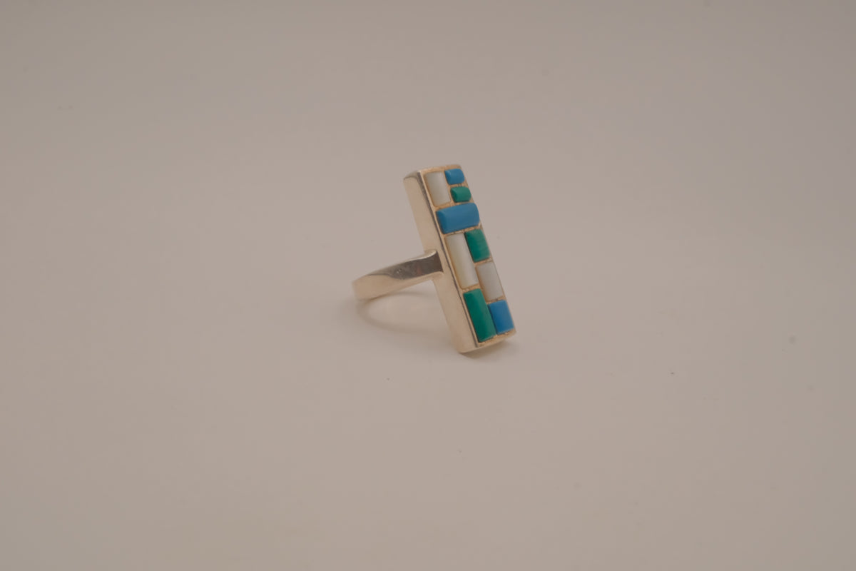 Southwestern-style sterling silver mosaic channel inlay ring