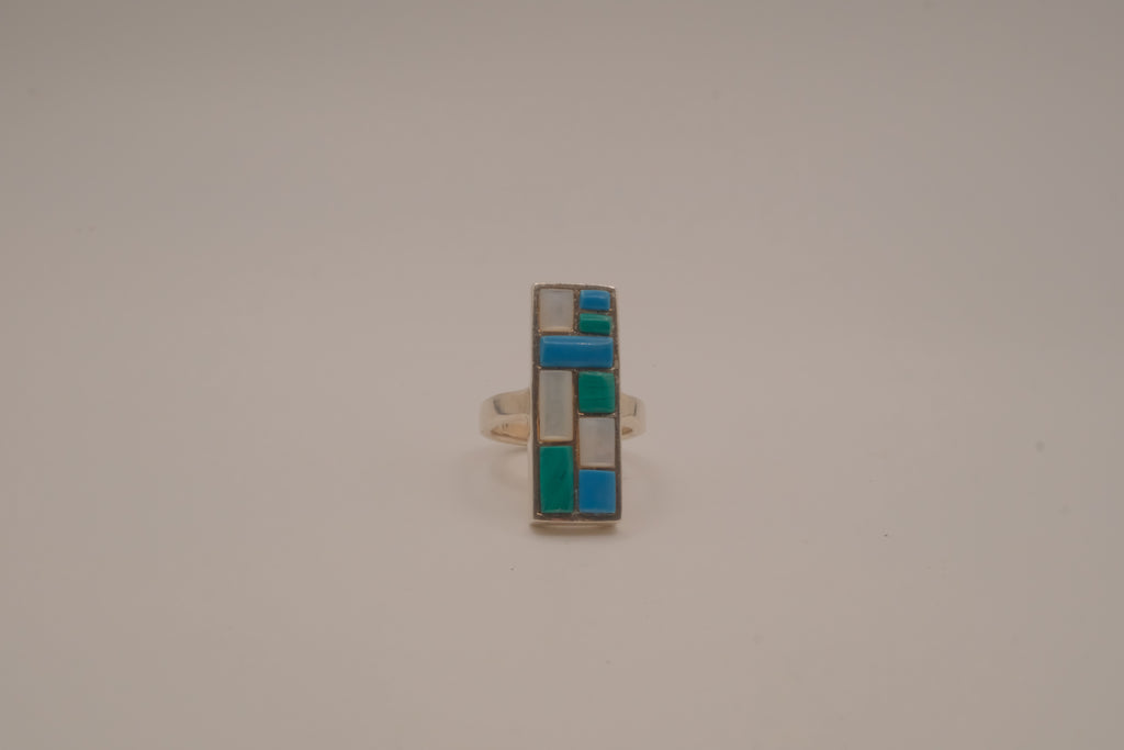 Southwestern-style sterling silver mosaic channel inlay ring