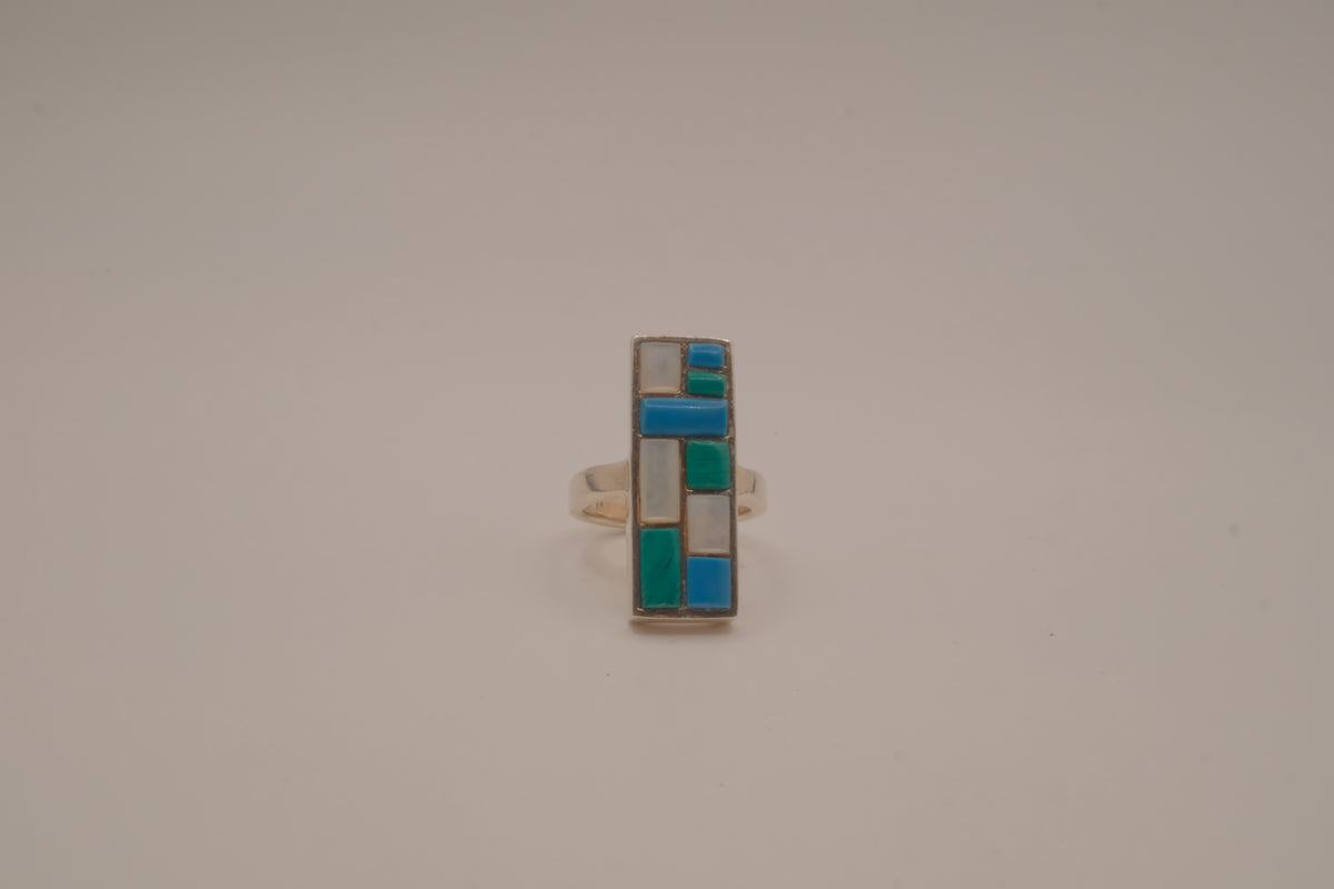 Southwestern-style sterling silver mosaic channel inlay ring