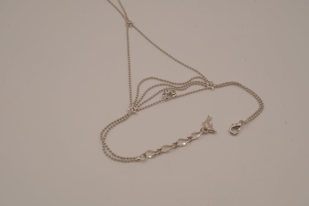 Silver tone white rhinestones hand chain