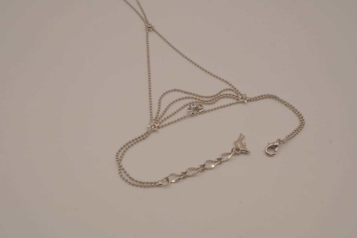 Silver tone white rhinestones hand chain
