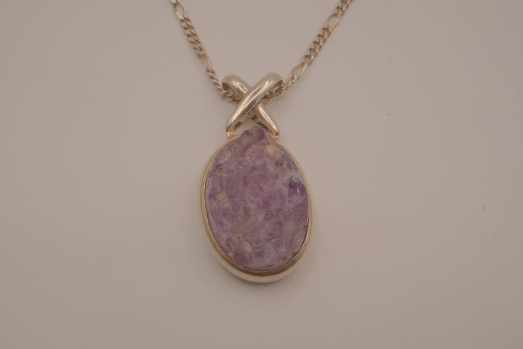Sterling silver oval amethyst druzy pendant necklace