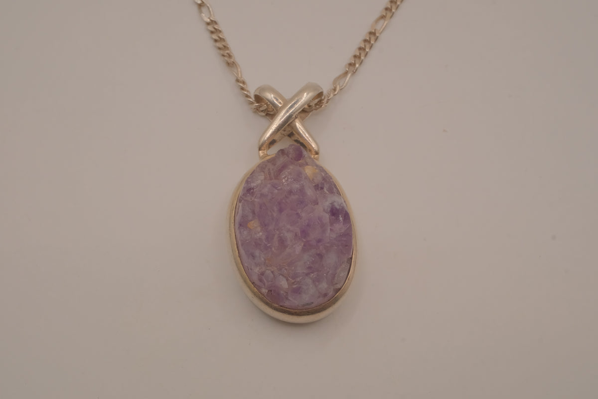 Sterling silver oval amethyst druzy pendant necklace