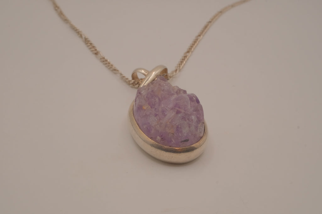 Sterling silver oval amethyst druzy pendant necklace