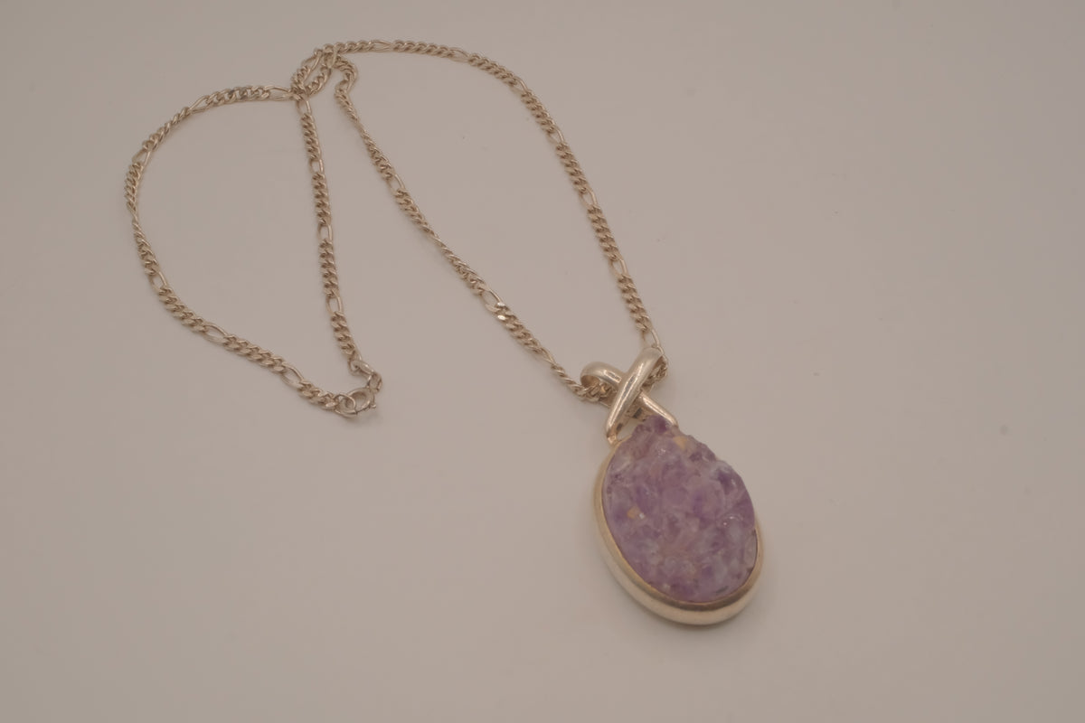 Sterling silver oval amethyst druzy pendant necklace