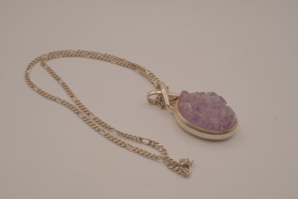 Sterling silver oval amethyst druzy pendant necklace