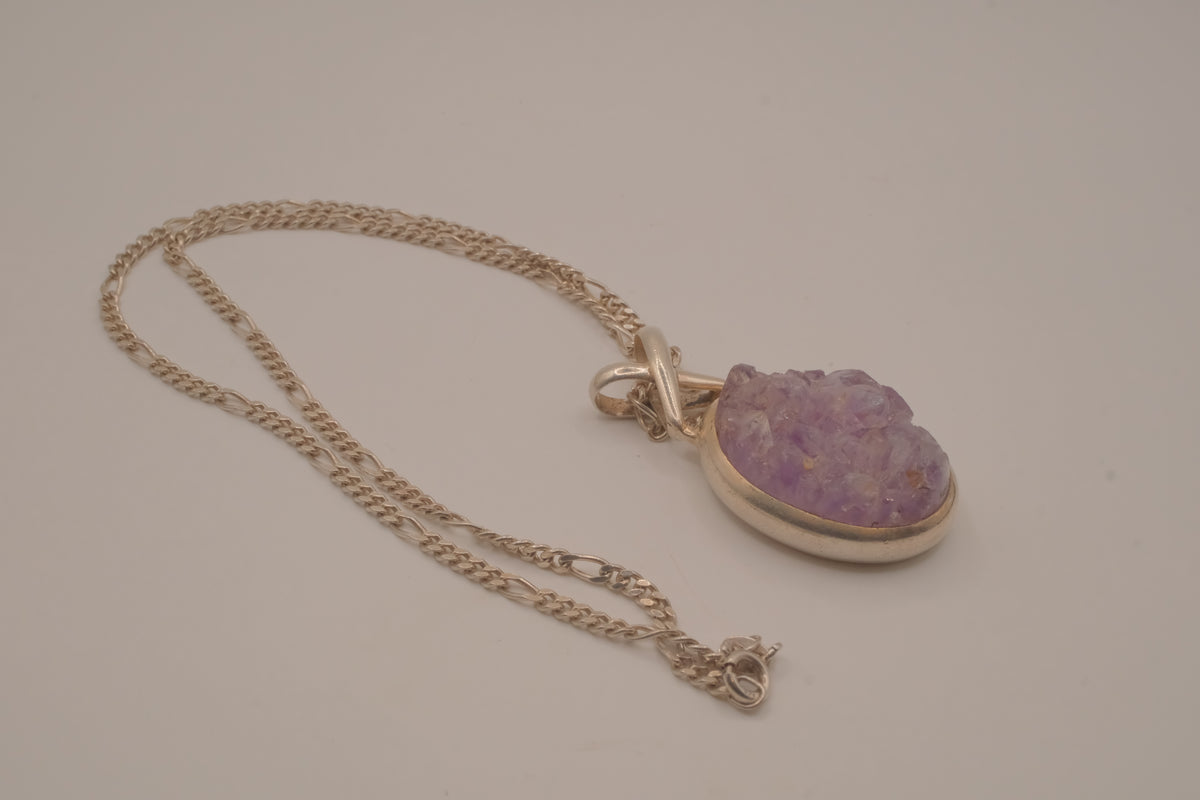 Sterling silver oval amethyst druzy pendant necklace