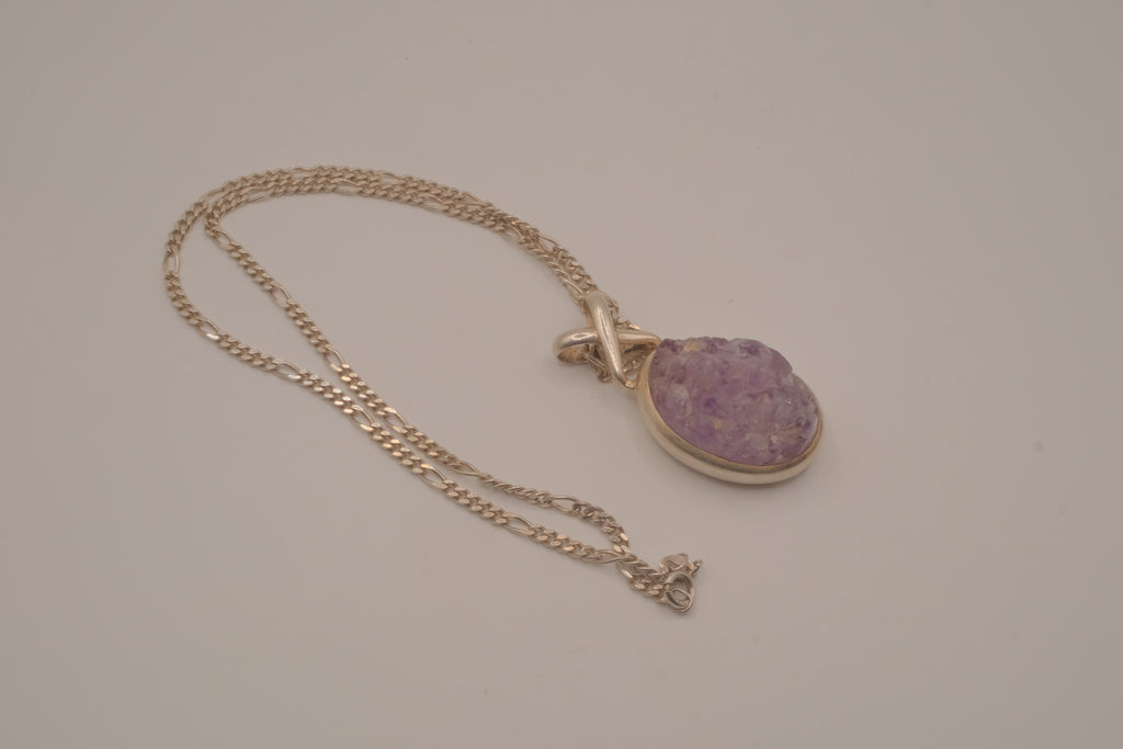 Sterling silver oval amethyst druzy pendant necklace