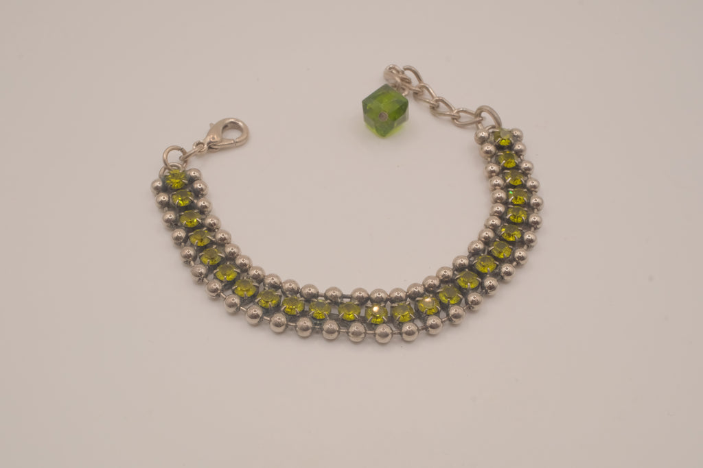 Silver tone Olive green crystal beaded bracelet