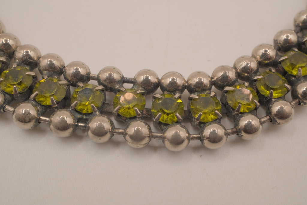 Silver tone Olive green crystal beaded bracelet