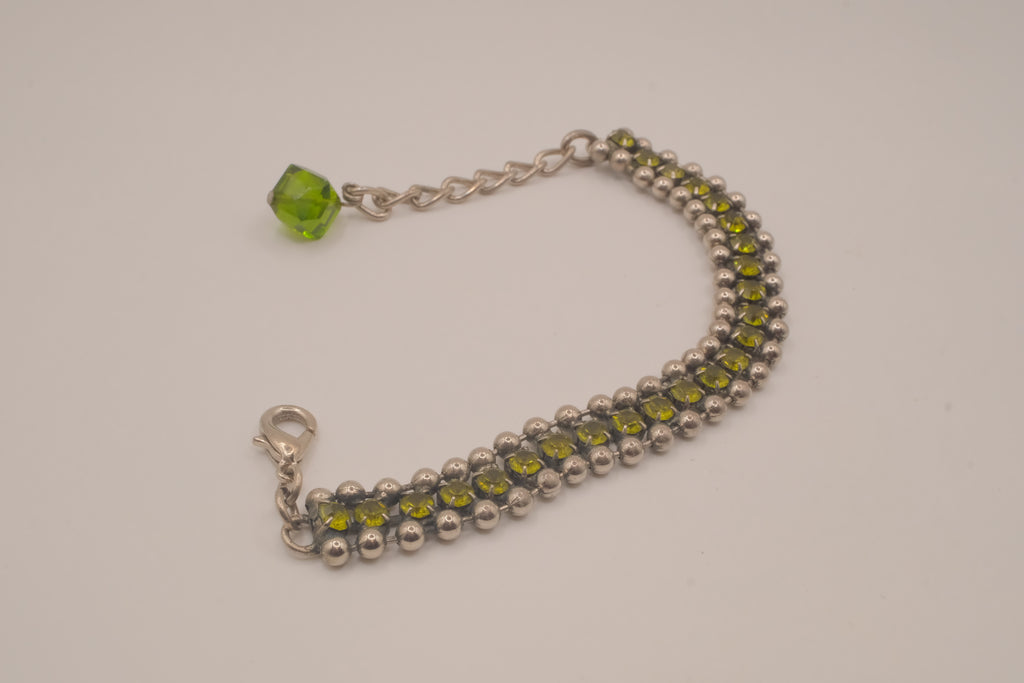 Silver tone Olive green crystal beaded bracelet