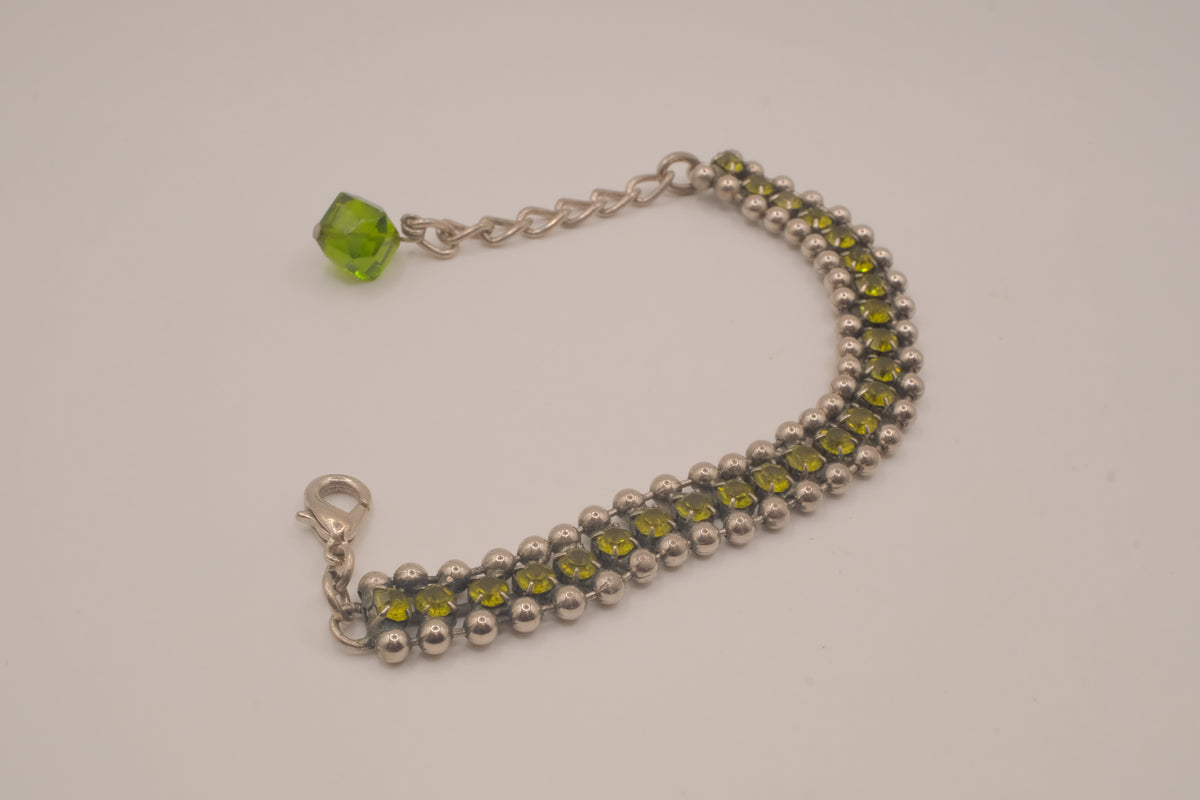 Silver tone Olive green crystal beaded bracelet