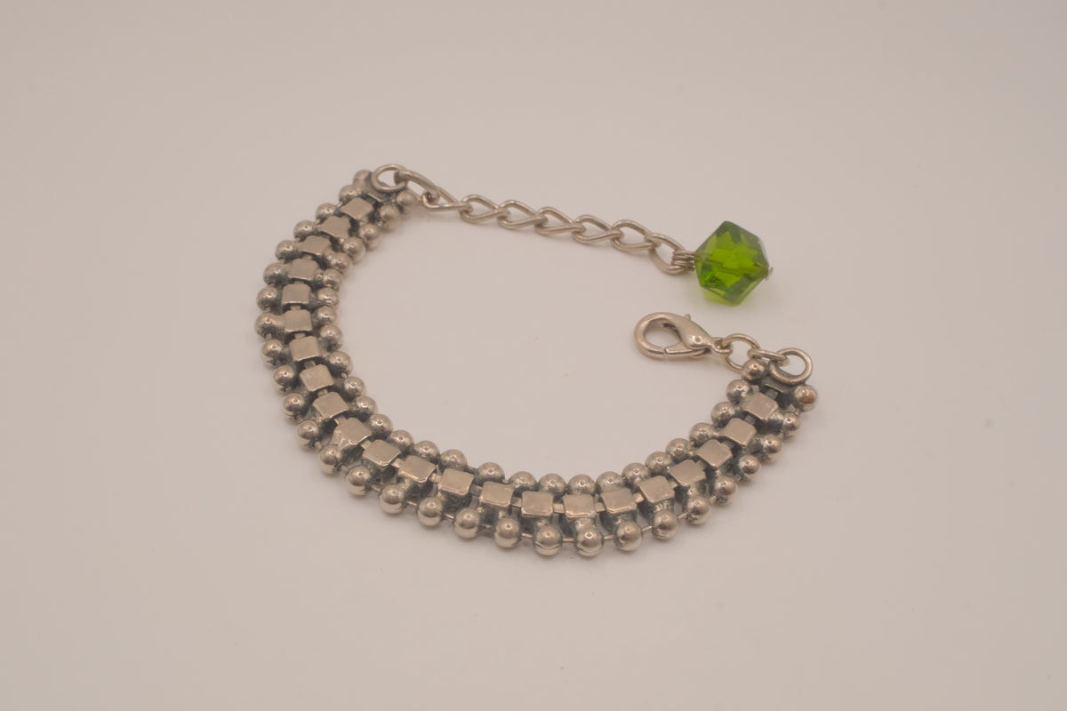 Silver tone Olive green crystal beaded bracelet