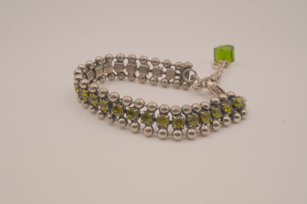 Silver tone Olive green crystal beaded bracelet