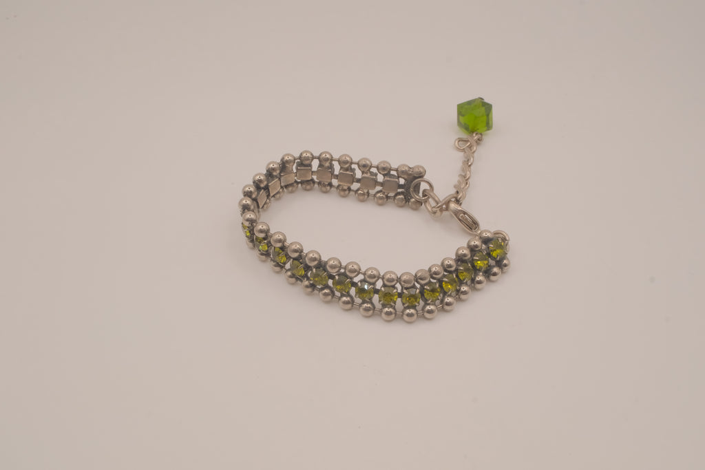 Silver tone Olive green crystal beaded bracelet