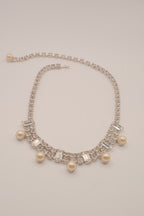 Vintage rhinestone and faux pearl fringe collar necklace